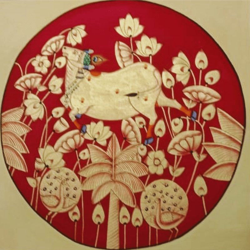 Golden Cow Pichwai Painting – Handmade Lotus Motif Pichwai Art
